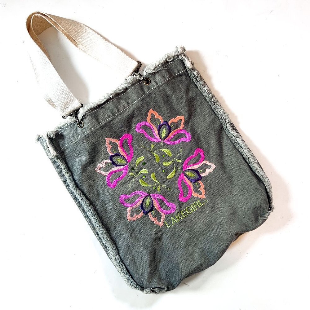 Lakegirl floral embroidered and jeweled olive canvas tote